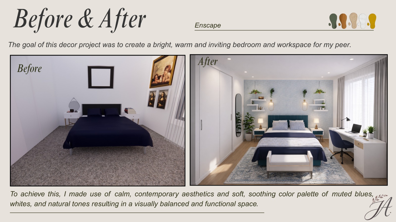 Before and after of a bright, warm, inviting bedroom and workspace