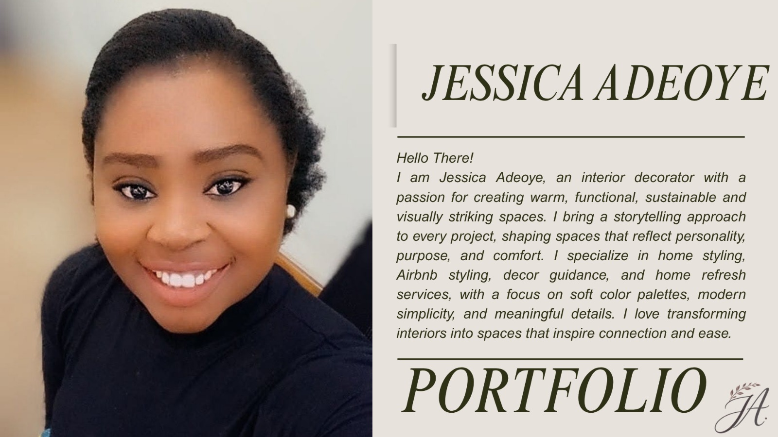 Portrait of Jessica Adeoye, interior design consultant, smiling