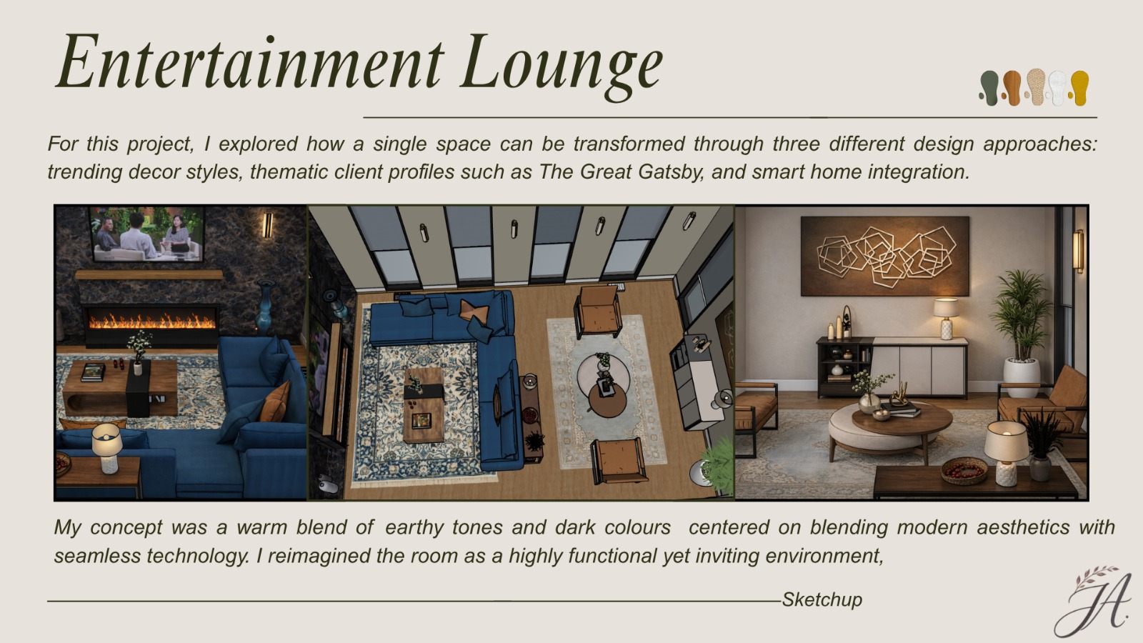 Entertainment lounge concept showing three different design approaches