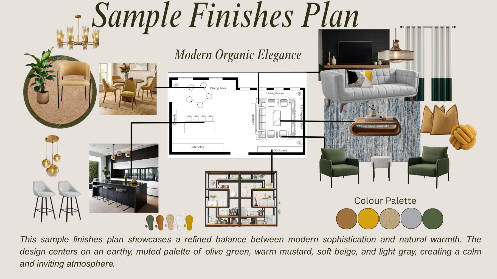 Sample Finishes Plan — Modern Organic Elegance with floor plan, furnishings and colour palette
