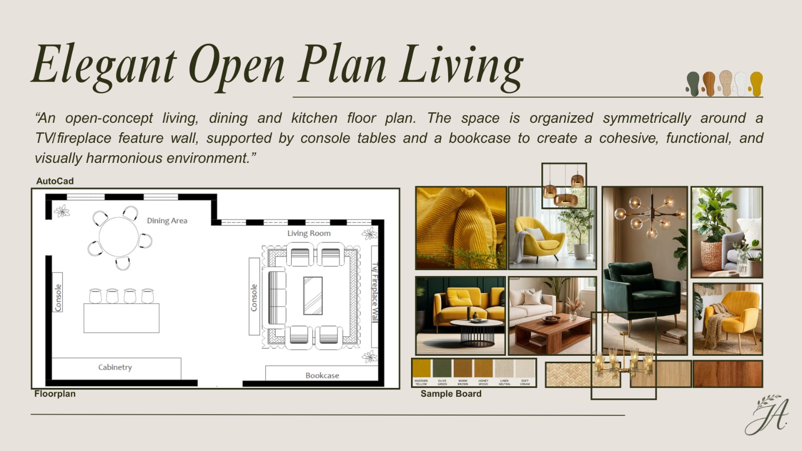 Elegant Open Plan Living — open-concept living, dining, and kitchen floor plan with furnishings board
