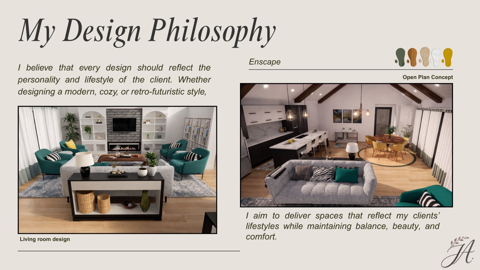 Living room and open plan concept renderings illustrating the design philosophy