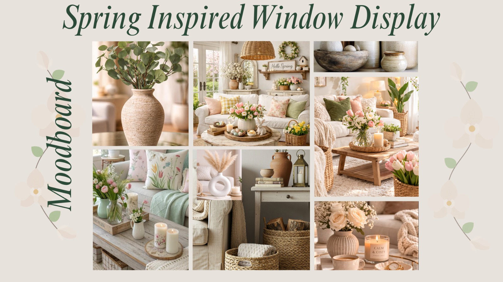 Spring-inspired window display mood board with tulips, pastels, and natural textures
